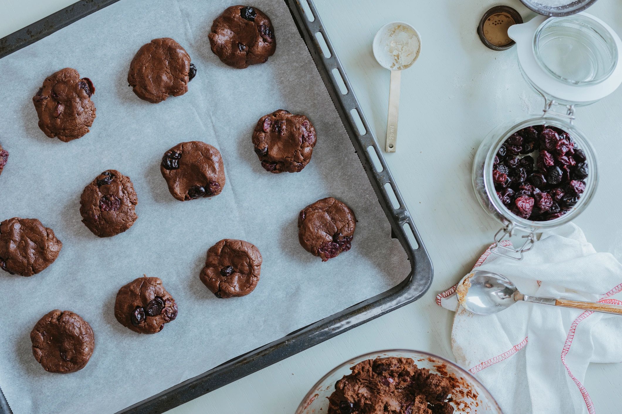 Chocolate chip cookies on a baking tray