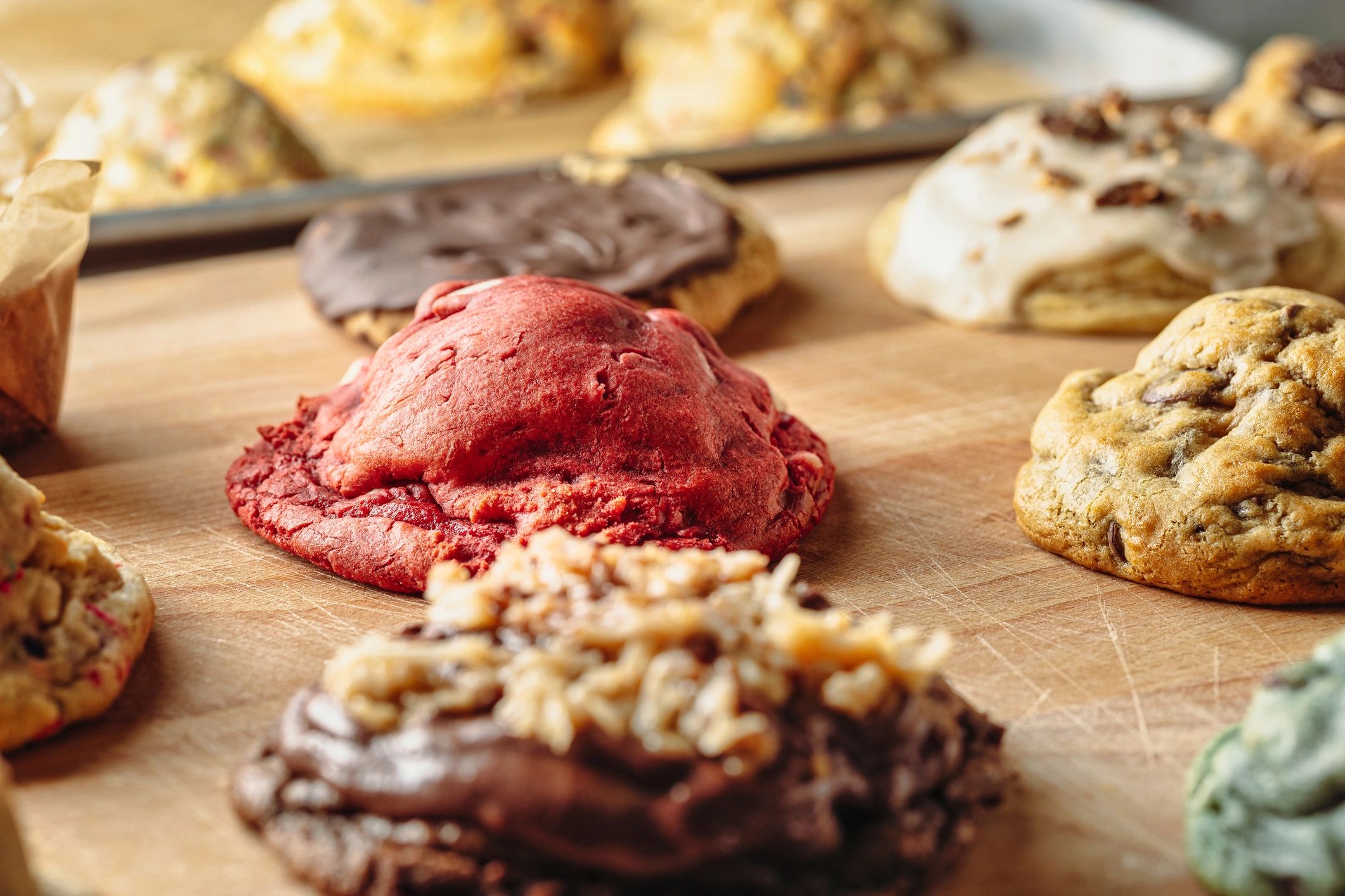 Assorted homemade cookies on a cutting board