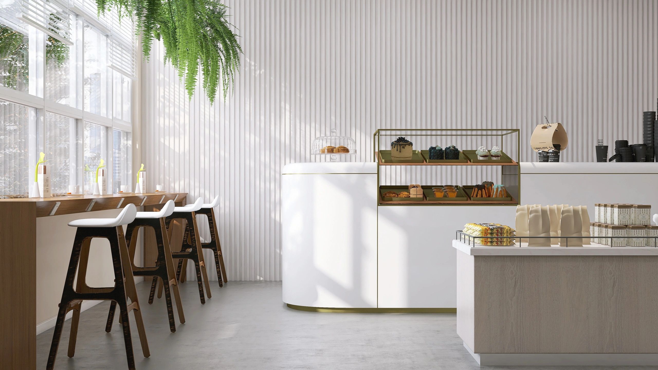 Modern cafe interior with cake display case
